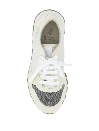 Brunello Cucinelli Runners In Suede And Techno Fabric With Precious Toe In White