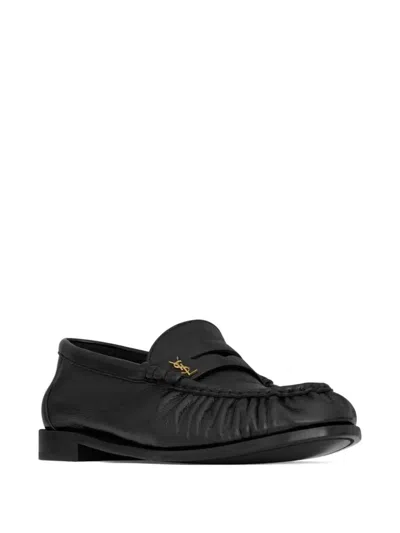 Saint Laurent Soft Loafers With Cassandre Decoration And Hand-stitched Moc Toe Shoes In Black