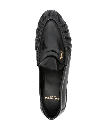Saint Laurent Soft Loafers With Cassandre Decoration And Hand-stitched Moc Toe Shoes In Black
