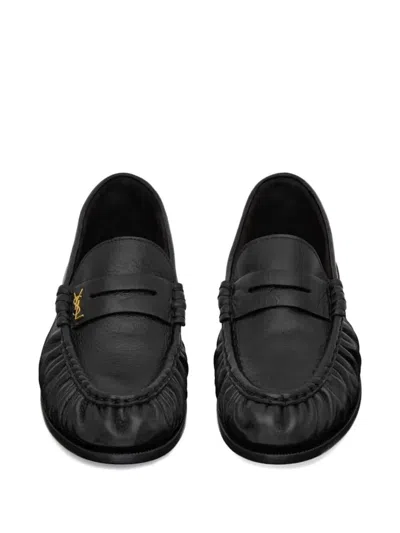 Saint Laurent Soft Loafers With Cassandre Decoration And Hand-stitched Moc Toe Shoes In Black