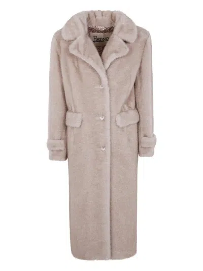 Herno Long Faux Fur Coat With Notched Lapels In Neutral