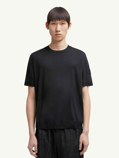 Moncler Crew Neck Silk T-shirt With Ribbed Cuffs In Black
