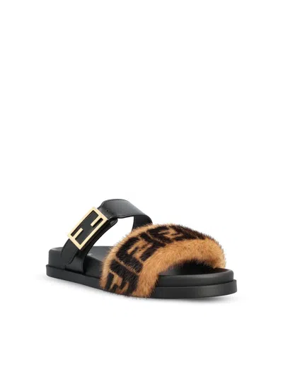 Fendi Black Leather And Mink Ff Slides