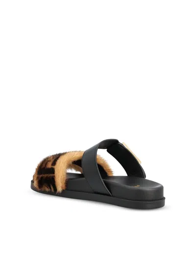 Fendi Black Leather And Mink Ff Slides