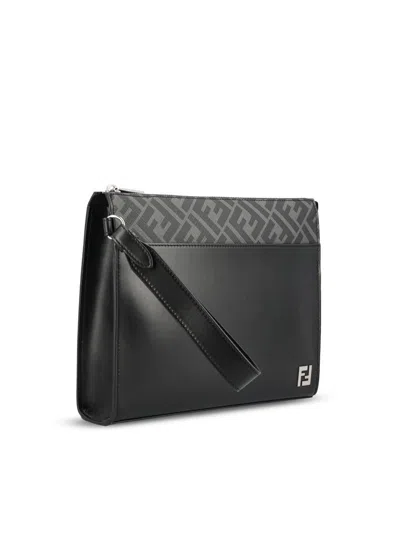 Fendi Leather And Canvas Ff Squared Clutch Bags In Black