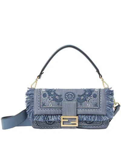 Fendi Embroidered Fringe Top Handle Shoulder Bag In Blue