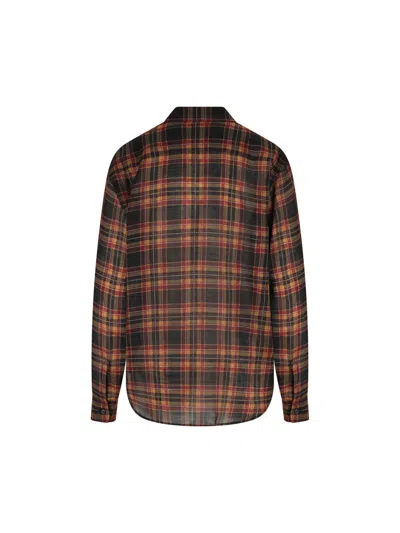 Saint Laurent Plaid Shirt Featuring Bow Detail And Pockets In Brown