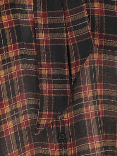 Saint Laurent Plaid Shirt Featuring Bow Detail And Pockets In Brown
