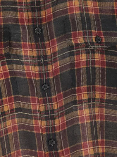 Saint Laurent Plaid Shirt Featuring Bow Detail And Pockets In Brown