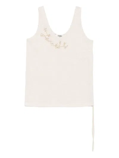 Fendi Sleeveless Embroidered Scoop Neck Top In Neutral