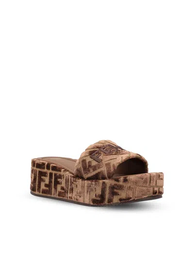 Fendi Sunshine Platform Wedge Slide Sandal In Brown