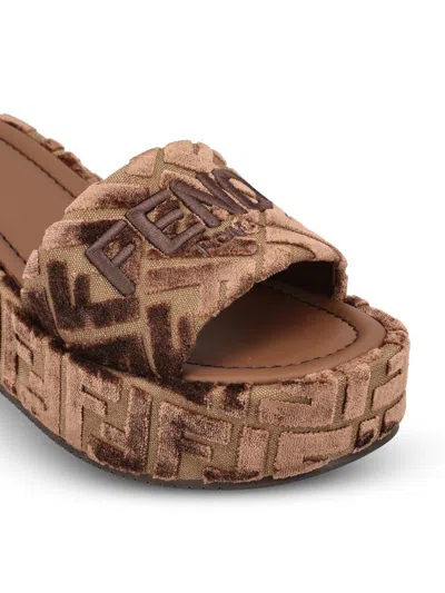 Fendi Sunshine Platform Wedge Slide Sandal In Brown