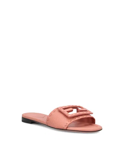 Fendi Baguette Ff Leather Buckle Flat Slide Sandals In Pink