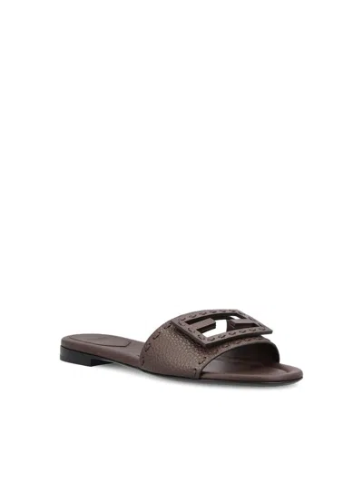 Fendi Flat Sole Open Toe Textured Strap Slides In Brown