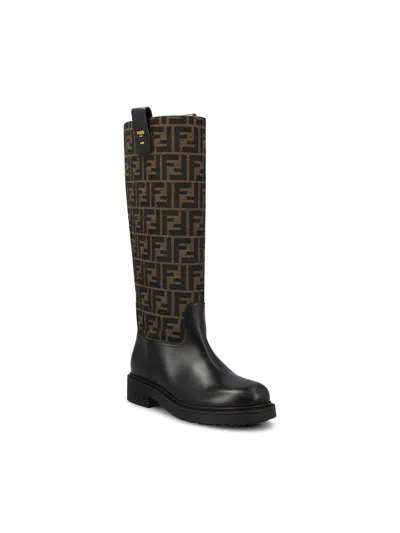 Fendi Filo Leather And Ff Jacquard Fabric Boots In Black
