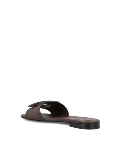 Fendi Flat Sole Open Toe Textured Strap Slides In Brown