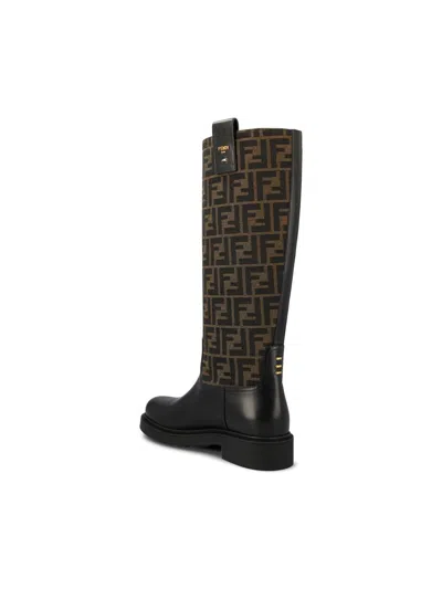 Fendi Filo Leather And Ff Jacquard Fabric Boots In Black