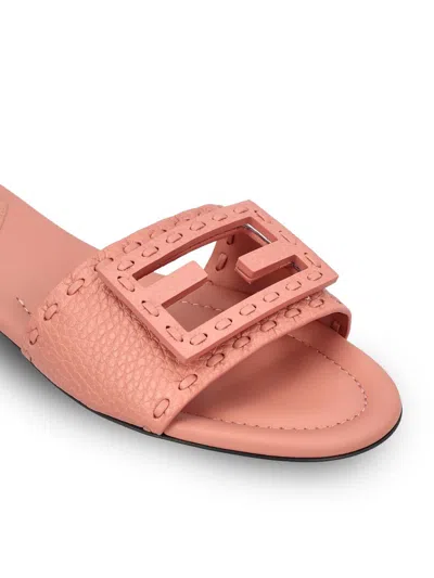 Fendi Baguette Ff Leather Buckle Flat Slide Sandals In Pink