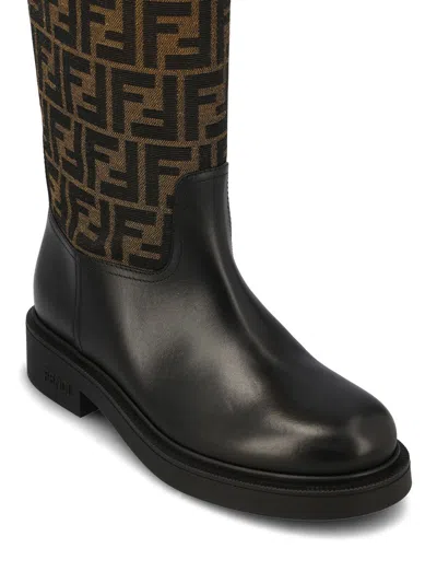 Fendi Filo Leather And Ff Jacquard Fabric Boots In Black