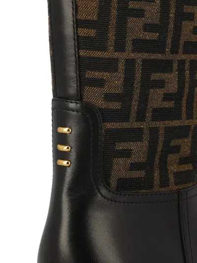 Fendi Filo Leather And Ff Jacquard Fabric Boots In Black