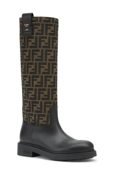Fendi Tall Boots With Signature Monogram Pattern And Branded Detailing In Black