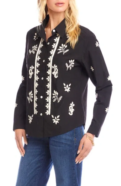 Karen Kane Long Sleeve Embroidered Shirt In Black With Tan In Black