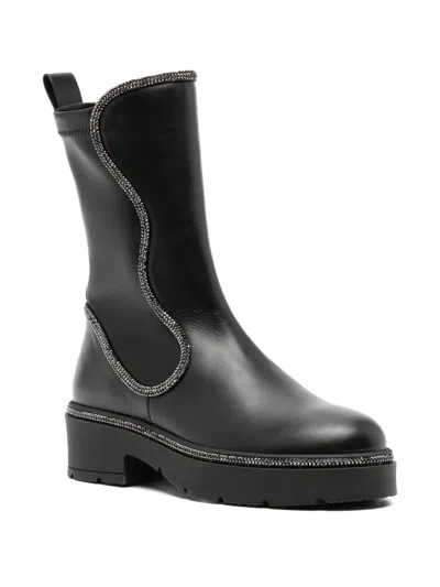 René Caovilla Ankle Boot With Block Heel And Trim In Black