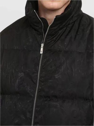 Versace Full Zip Down Jacket With All-over Pattern In Black