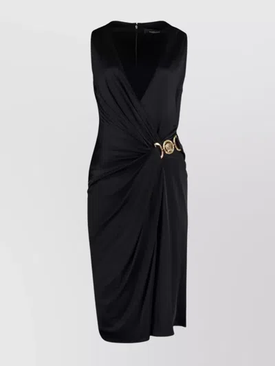 Versace Draped Front Sleeveless V-neck Dress In Black