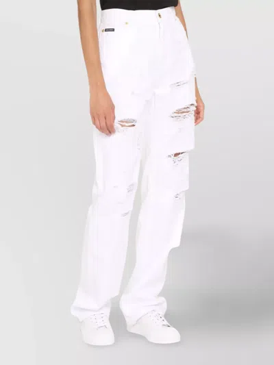 Dolce & Gabbana White Distressed Cotton Boyfriend Denim Jeans In White