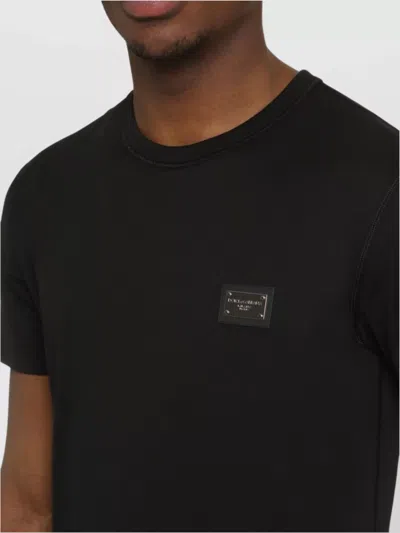 Dolce & Gabbana Black Cotton T-shirt With Silver Plaque Logo In Black