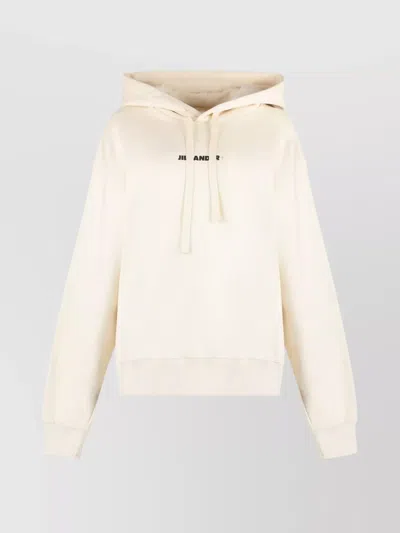 Jil Sander Logo Cotton Hoodie With Drawstring Hood In Neutral