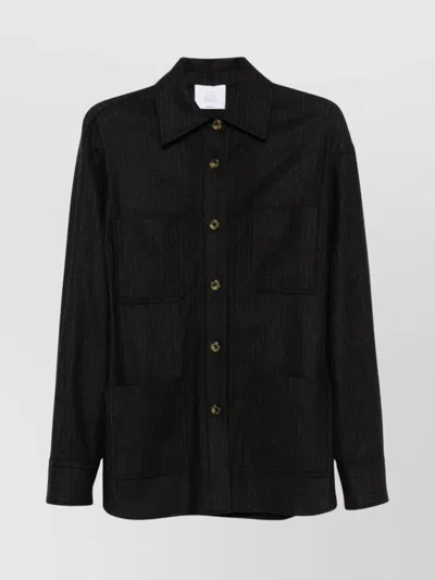 Le Sully Studio Pinstriped Wool Blend Shirt With Patch Pockets In Black