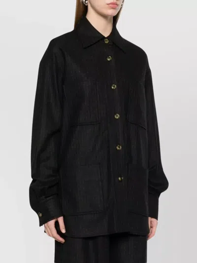 Le Sully Studio Pinstriped Wool Blend Shirt With Patch Pockets In Black