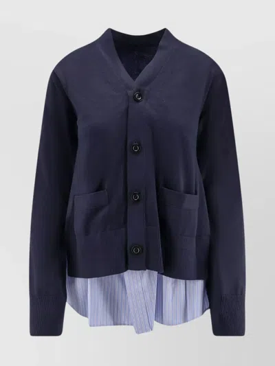 Sacai Cotton Cardigan With Mesh Inserts In Blue