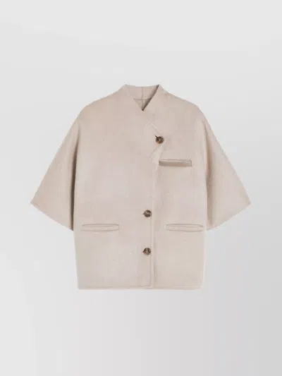 Max Mara Stand Collar Long Cropped Cape In Neutral