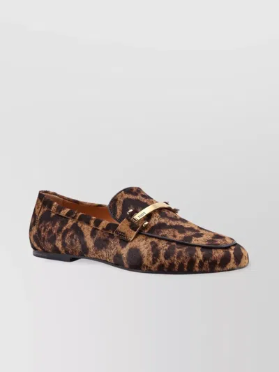 Tod's Brown Loafers With Logo Plaque On The Front And All-over Leopard Motif In Suede Woman In Brown