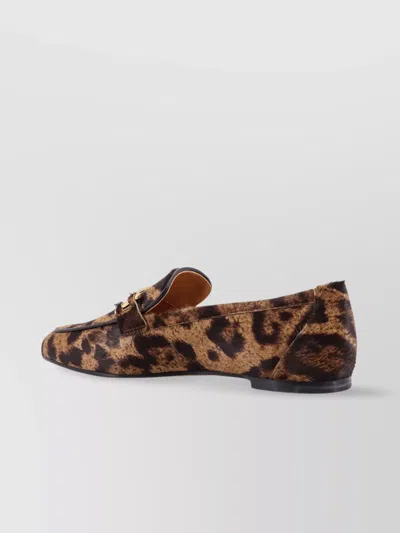 Tod's Brown Loafers With Logo Plaque On The Front And All-over Leopard Motif In Suede Woman In Brown