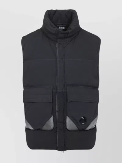 C.p. Company Black Vest With Mock Drawstring Neck And Logo Plaque On The Front In Blue