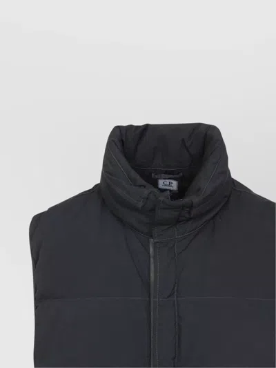 C.p. Company Black Vest With Mock Drawstring Neck And Logo Plaque On The Front In Blue