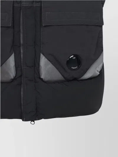 C.p. Company Black Vest With Mock Drawstring Neck And Logo Plaque On The Front In Blue