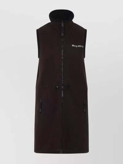 Miu Miu Mini Dress With Drawstring Waist And High Collar In Brown