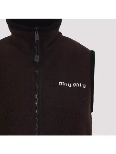 Miu Miu Mini Dress With Drawstring Waist And High Collar In Brown