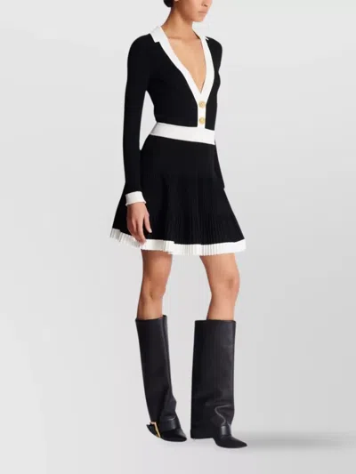 Balmain Long Sleeves V-neck Flare Knit Dress In Black