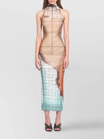 Jean Paul Gaultier Mesh High Neck Long Dress Printed "fire" In Multi