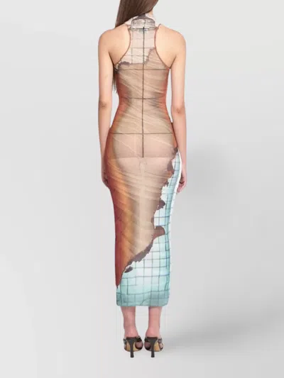 Jean Paul Gaultier Mesh High Neck Long Dress Printed "fire" In Multi