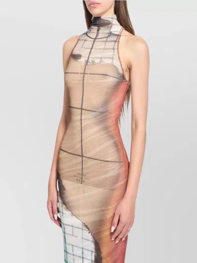 Jean Paul Gaultier Mesh High Neck Long Dress Printed "fire" In Multi