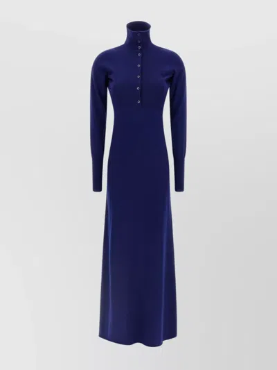 Tom Ford High Neck Buttoned Maxi Dress With Long Sleeves In Blue