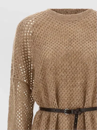 Brunello Cucinelli Hazelnut Color Midi Dress With Waist Belt In Brown