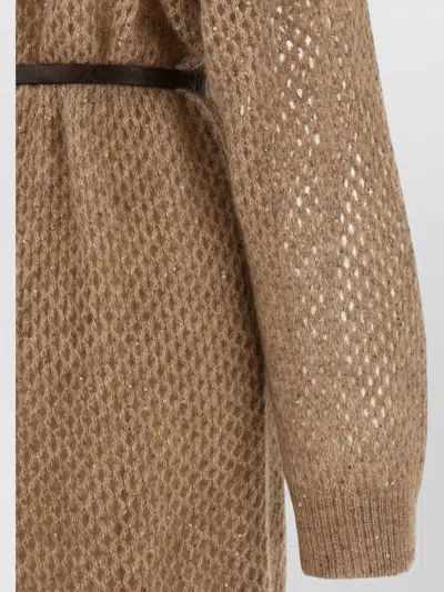 Brunello Cucinelli Hazelnut Color Midi Dress With Waist Belt In Brown